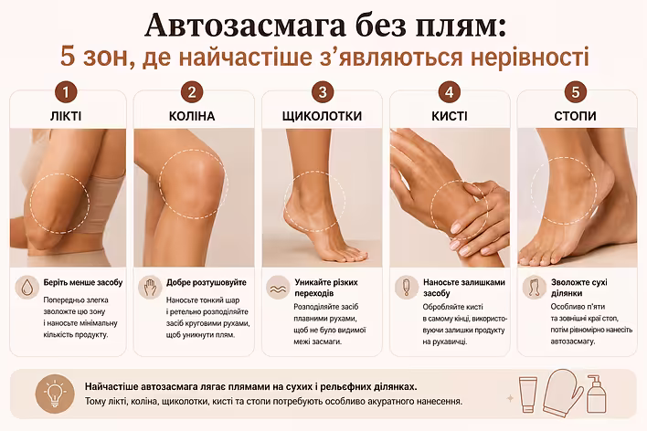 Зони нанесення засобів для автозасмаги без плям