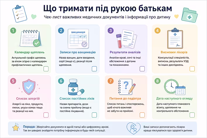 Інфографіка-чек-лист для батьків про медичні документи дитини: календар щеплень, записи про вакцинацію, результати аналізів, висновки лікарів, список алергій і дата наступного огляду